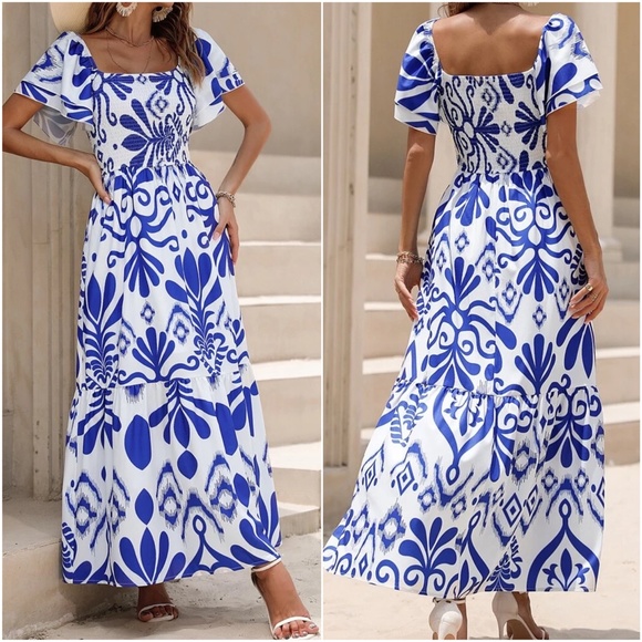 Dresses & Skirts - Boho Floral Print Shirred Butterfly Sleeve Dress